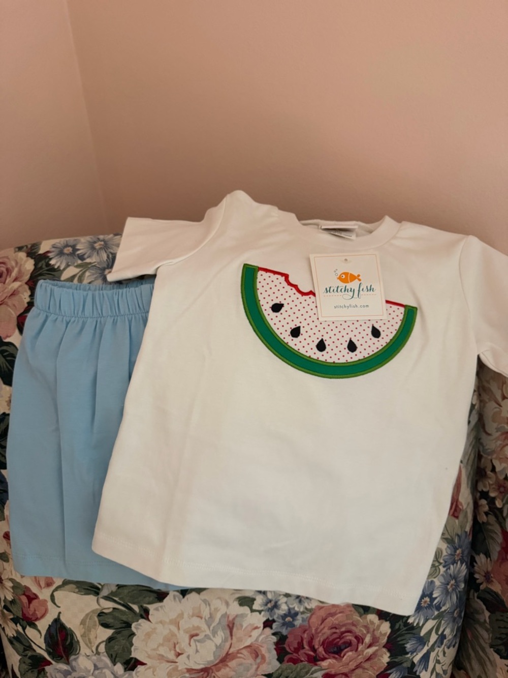 Stitchy Fish White Watermelon Appliqué Kids Matching Set - Blue Shorts